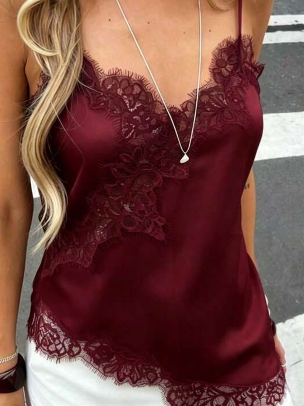 Lace Trim Satin Cami Top - Burgundy
